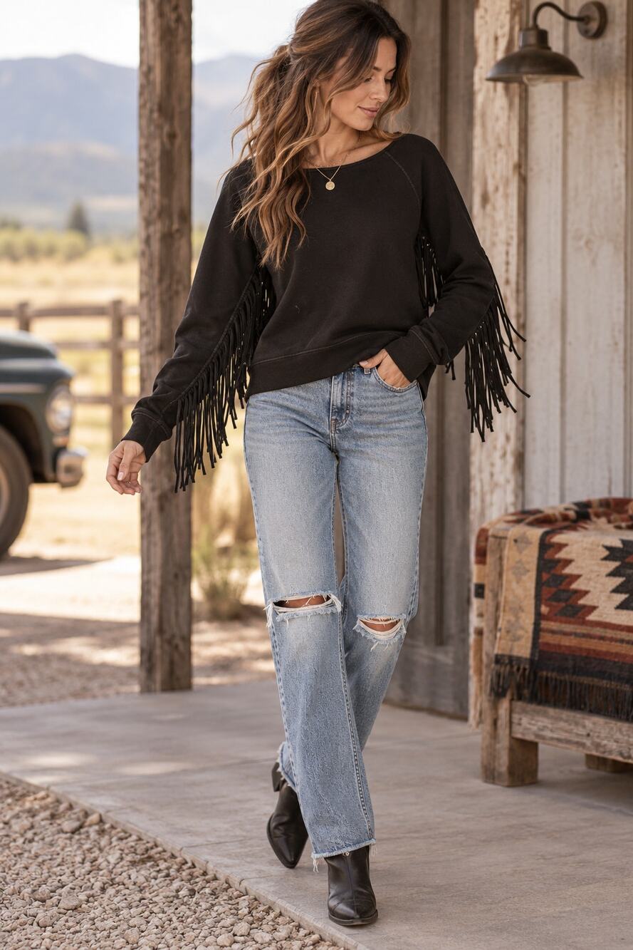 Pam & Gela Western Fringe Sweatshirt P ( or XS) Black 100% Cotton Boho